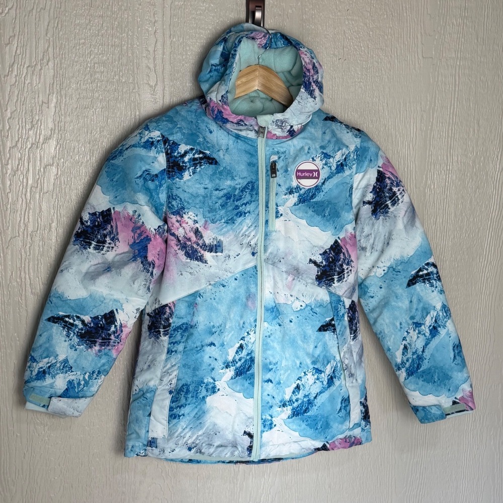 Hurley Kids Blue Mountain Print Hooded Puffer Jacket Coat Size L 14/16 485260